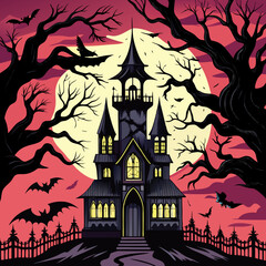 Halloween Background. Spooky haunted tree with twisted, bare branches and a small gothic-style house with pointed roofs in the background. Happy Halloween Boho Abstract,  Bohemian Mystical Magic.