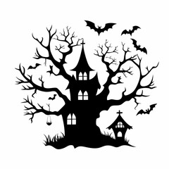 Halloween Background. Spooky haunted tree with twisted, bare branches and a small gothic-style house with pointed roofs in the background. Happy Halloween Boho Abstract,  Bohemian Mystical Magic.