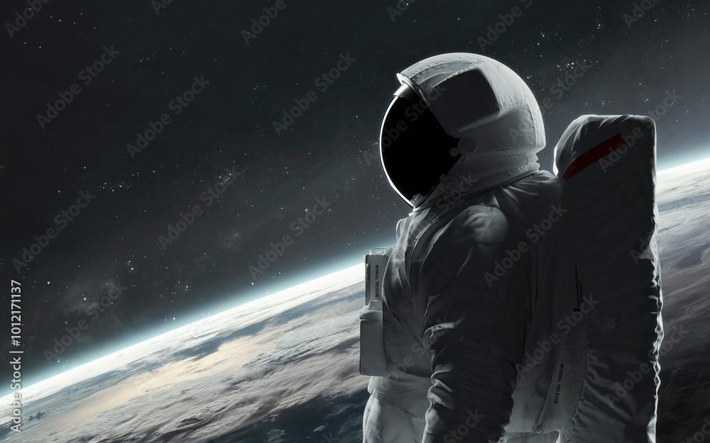 Canvas Prints 3d illustration of astronaut in spacesuit at earth orbit. high quality digital space sci-fi art in 5