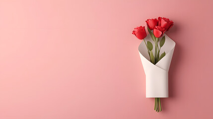 Fototapeta premium Valentine’s Day Bouquet Wrapped in Creamy White Paper | Elegant Floral Arrangement for Romantic Celebrations