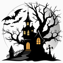 Halloween Background. Spooky haunted tree with twisted, bare branches and a small gothic-style house with pointed roofs in the background. Happy Halloween Boho Abstract,  Bohemian Mystical Magic.