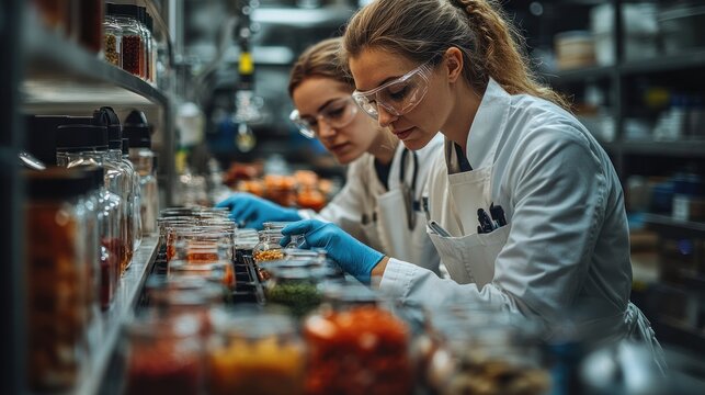 Two female scientists in lab coats and safety glasses carefully examine samples in a laboratory setting.