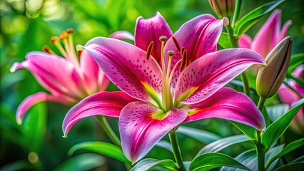 Elegant Pink Lily Blooming Gracefully in a Soft Natural Light with Delicate Petals and Green Leaves