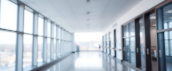 Blurred background of a hospital corridor with panoramic windows and a white ceiling, interior of a modern medical center or clinic hall with empty space. Abstract blurred background of an office.	