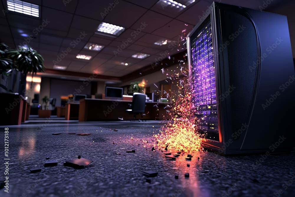 Aufkleber 3d digital model of a corporate office being hacked, where users can explore the scene as data is be