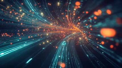 A stunning illustration of luminous data trails in motion, with explosive patterns and a sense of hyper-speed travel, on a dark background