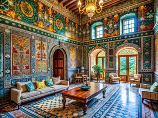 Obraz premium Elegant Portuguese Tile Room with Colorful Patterns and Intricate Designs in a Cozy Interior Space