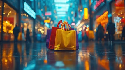 Colorful shopping bags sit on a glossy pavement in a bustling city shopping district.