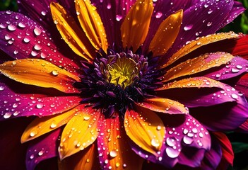 Obraz premium captivating droplets gracing colorful flower petals under stunning natural light, bloom, blossom, dew, raindrop, vibrant, vivid, landscape, macro, closeup