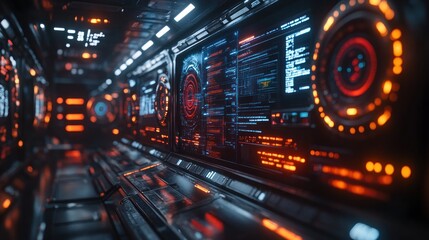 Futuristic spaceship interior with glowing control panels and digital displays.