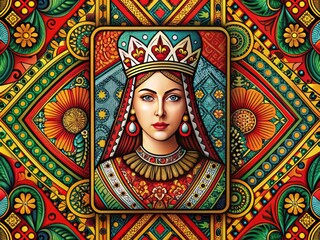 Elegant Queen Playing Card Design with Intricate Patterns and Rich Colors for Graphic Use