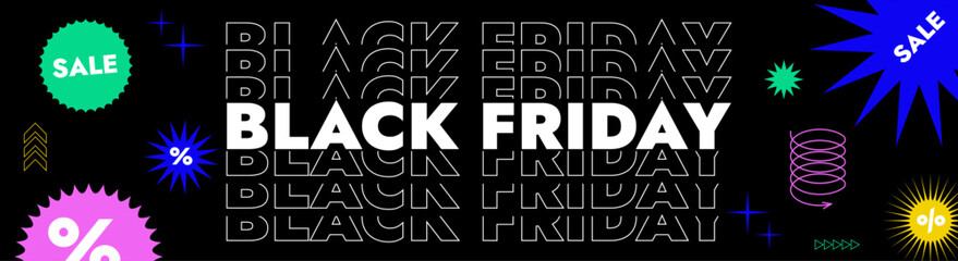 Black Friday typography banner. Black Friday linear typography text illustration isolated on black background. Modern Design template for Black Friday sale. © Olga Tsikarishvili