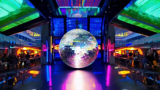 Vibrant futuristic retro dance hall with a large disco ball surrounded by neon-lit walls and ceilings, 1970s and 1980s disco culture. Concept of nightlife, music entertainment, vintage club design