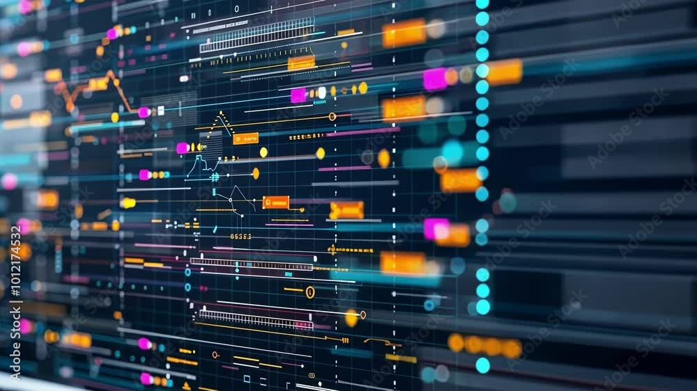 Poster complex algorithms are running on a computer screen displaying important information about cybersecu