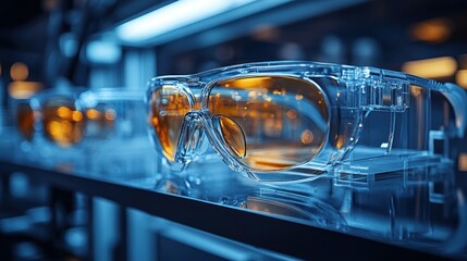 Close-up of a pair of clear safety glasses with amber lenses, sitting on a shelf in a blue-lit lab.