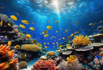 Naklejka premium stunning underwater close colorful coral reefs teeming life marine diversity, aquatic, ocean, fish, vibrant, tropical, biodiversity, flora, fauna