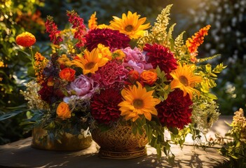 vibrant floral arrangements lush greenery stunning backdrop nature inspired decor, bouquet, display, composition, bloom, blossom, petal, leaf, color