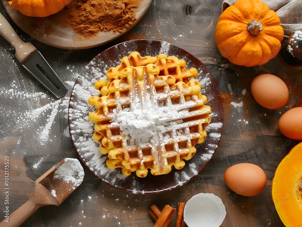 Wall mural copy space image of waffles made from pumpkin puree egg