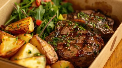 Grilled Steak with Roasted Potatoes and Salad in Takeaway Box