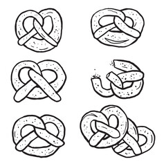 Hand drawn black and white pretzel set. Food illustration