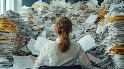 Woman Surrounded by a Mountain of Paperwork