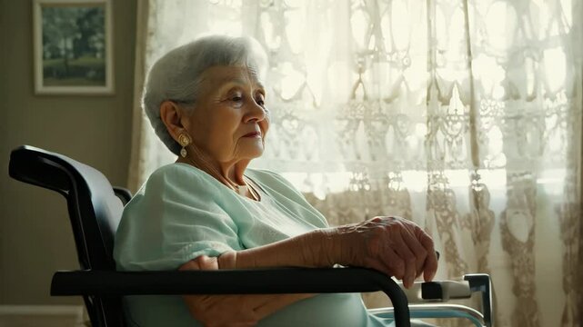 Sad elderly woman sits in wheelchair at cozy home environment. Lonely aging concept. Alone grandmother. Old disabled lady in wheel chair recover. Senior grandma.