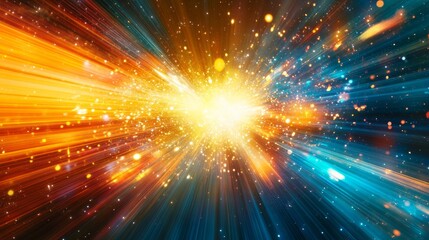 Naklejka premium A futuristic design illustrating rapid data movement with glowing rays and dynamic explosions, capturing the essence of space travel