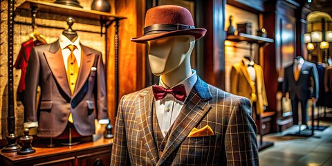 Fototapeta premium Elegant suit and classic bowler hat on a stylish mannequin in a vintage-inspired fashion display