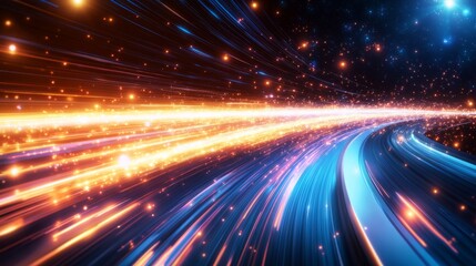 Fototapeta premium A futuristic design illustrating rapid data movement with glowing rays and dynamic explosions, capturing the essence of space travel