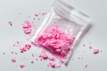 Pink cocaine - pink powder in a plastic bag on a light surface