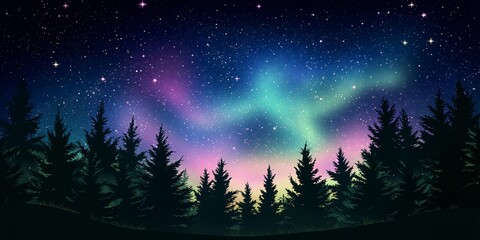 Naklejka premium the northern lights and stars in silhouette against an aurora-filled sky, with silhouettes of pine trees covered with snow in the lower left corners. 