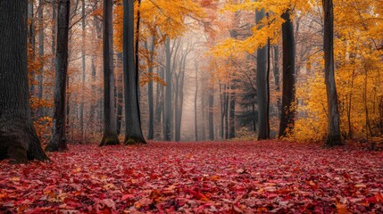 Fototapeta premium A tranquil autumn forest with leaves in shades of red, orange, and yellow blanketing the ground, trees towering above in crisp air.