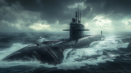 Fototapeta premium Nuclear submarine is patrolling on the surface in very rough seas