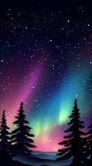 Fototapeta premium the northern lights and stars in silhouette against an aurora-filled sky, with silhouettes of pine trees covered with snow in the lower left corners. 