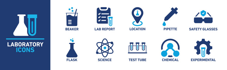 Laboratory Icon Set Featuring Beaker, Lab Report, Safety Glasses, and Experimental Symbols