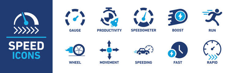 Speed icon set. Includes icons for gauge, productivity, speedometer, boost, run, wheel, movement, speeding, fast, and rapid.