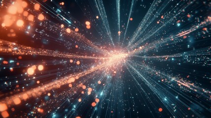 Naklejka premium A futuristic design illustrating rapid data movement with glowing rays and dynamic explosions, capturing the essence of space travel