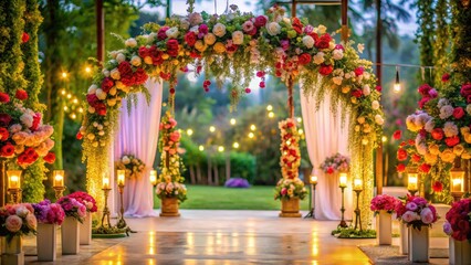 Obraz premium Elegant wedding ceremony setup with floral decorations, arch, and soft lighting for a romantic ambiance
