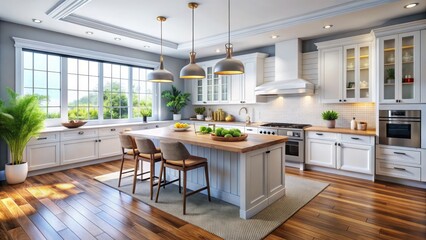 Fototapeta premium Elegant White Cabinets Complementing Warm Wood Floors in a Modern Kitchen Interior Design Setting