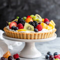 beautifully arranged fruit tart on a cake stand, featuring a variety of seasonal fruits over a creamy filling