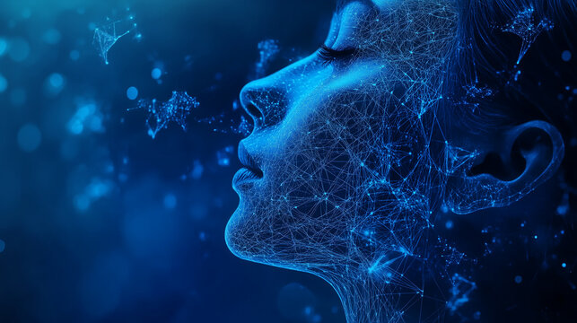 A woman's face is shown in a blue background with a lot of dots