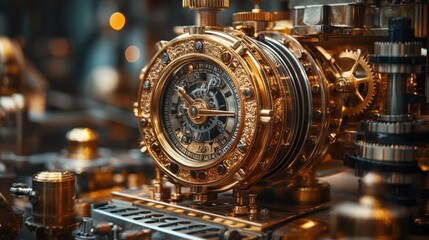Closeup of a golden clock with intricate gears and mechanisms.