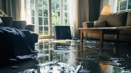 A cracked window letting rainwater flood the living room floor, with furniture and electronics at risk, visualizing a property insurance claim scenario.