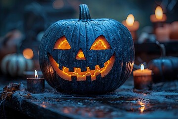 Halloween pumpkins with candles and cobwebs on dark background