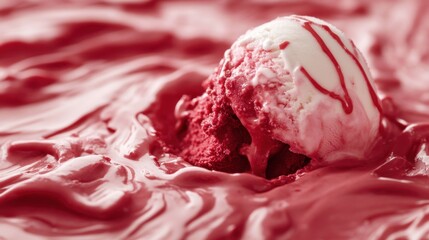 A melting scoop of red velvet ice cream on a light red background, with soft cream cheese swirls.