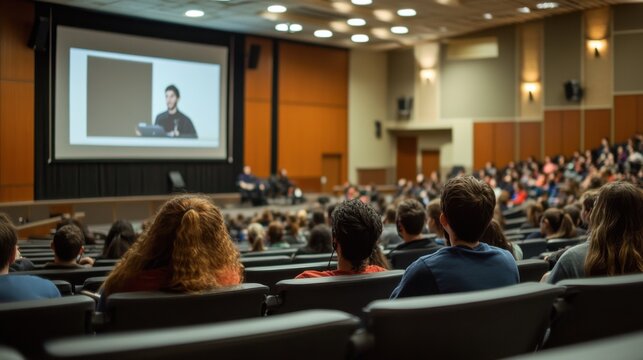 College lecture hall with students seated, watching a guest speaker give a presentation on a large screen.