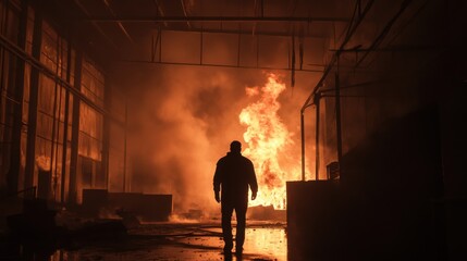 Fototapeta premium Dark figure sneaking away from a warehouse fire, the smoke and flames lighting up the night sky.