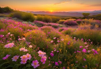 Fototapeta premium vibrant blossoms set soft landscape backdrop capturing colorful beauty, flowers, petals, nature, colors, gardens, sunlight, spring, blooms, fields