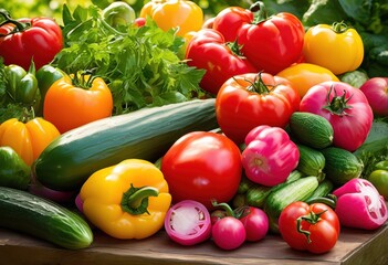 vibrant close fresh vegetables displayed bountiful garden setting colorful foliage sunlit background, carrot, tomato, lettuce, cucumber, potato, squash