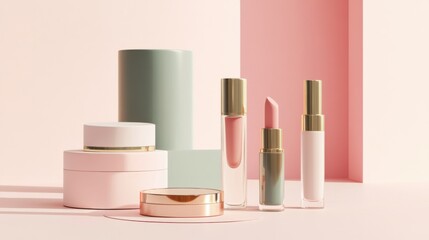 A chic template for presenting your branding on cosmetics, with mockups of lip balm tubes, compact cases, and perfume bottles.